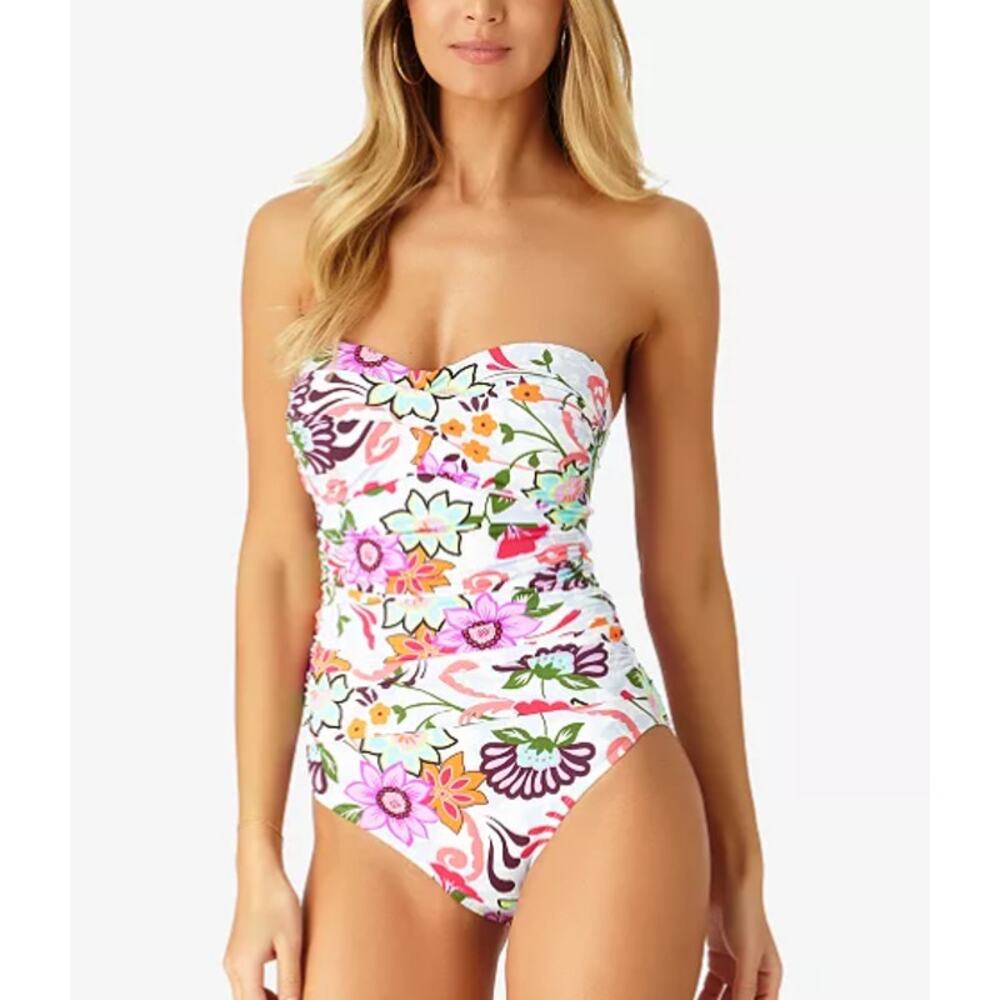 Anne Cole One Piece Swimsuit 14 Fleetwood Floral Twist Bandeau Strapless NWT - Picture 2 of 11